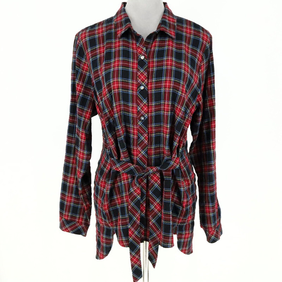 J Jill Top Womens Medium Black Red Plaid Long Blouse Buttons Attached Tie - Picture 1 of 16